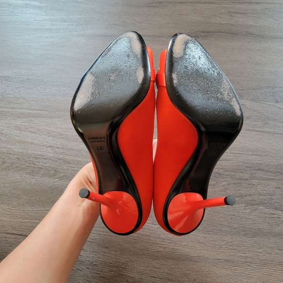 Gucci Orange Gold Horsebit Leather Peep Toe Heels Size 6 - Picture 10 of 13